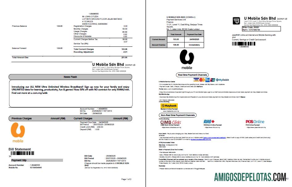 realista Modelo de conta de serviços públicos móveis U da Malásia em formatos Word e PDF, 2 páginas